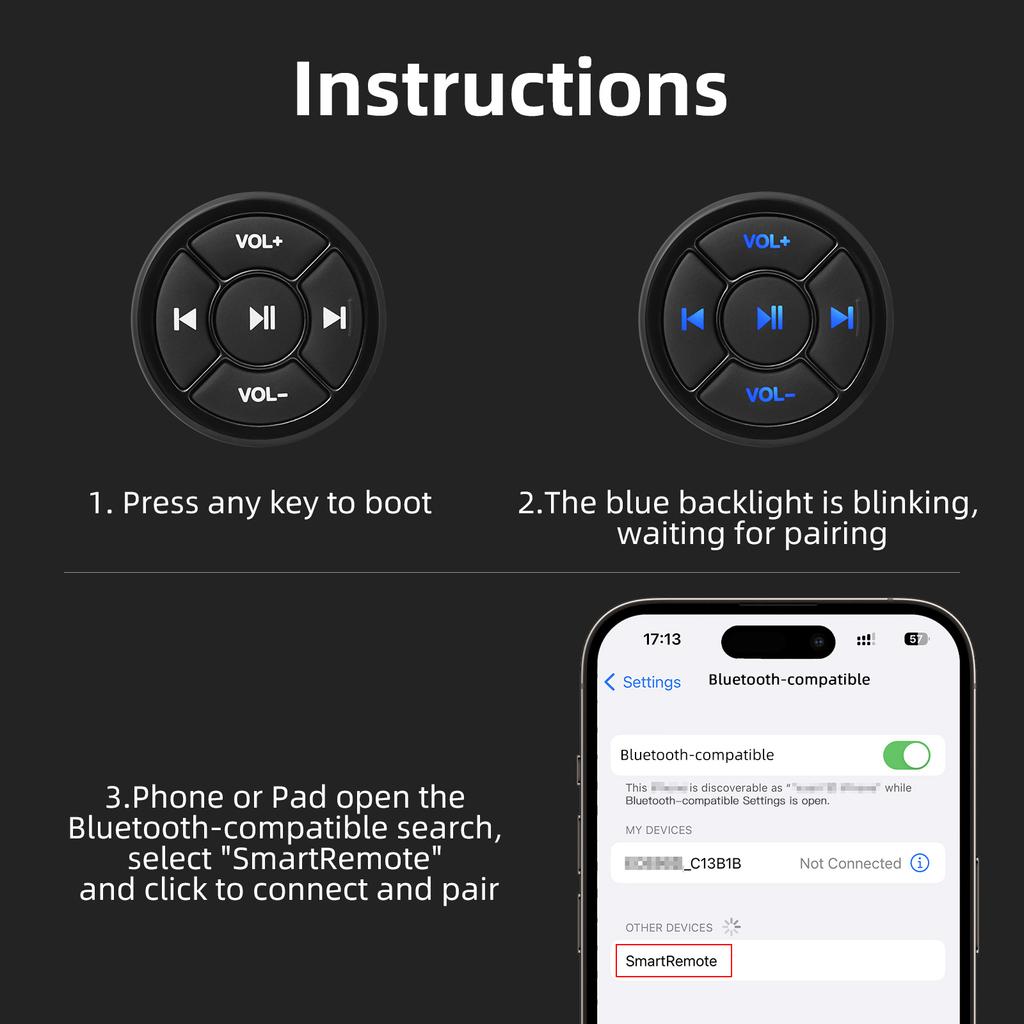 Wireless Bluetooth Remote Controller Media Button Car Motorcycle Bike Steering Wheel Music Player for IOS Android Phone K0174