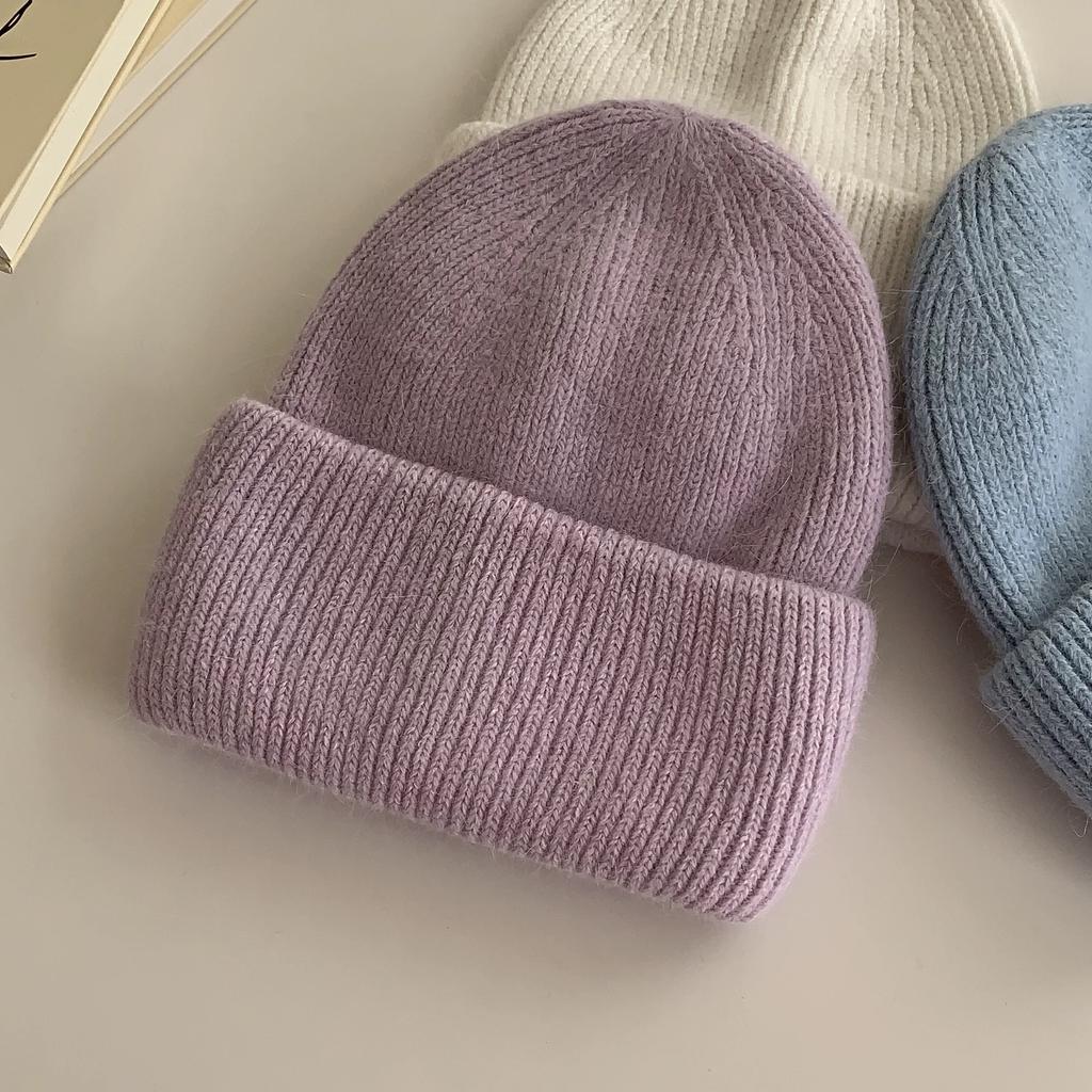 Solid Color Rabbit Fur Knitted Hat Women Winter Warm Wool Hat Warm Angora Fluffy Warm SKI Beanies Korea Ins Fashion Bonnet Caps