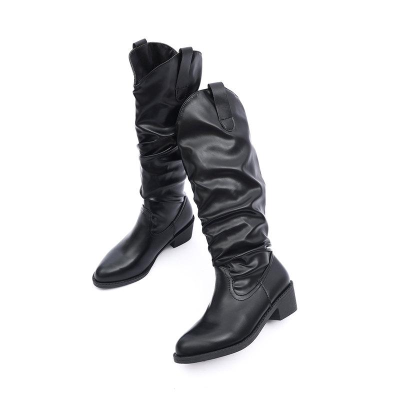 Fashion Women Knee High Boots Autumn Winter Female Shoes Fashion Retro Pleated Slip On Long Boots Elegant Square Low Heel Knight Boots