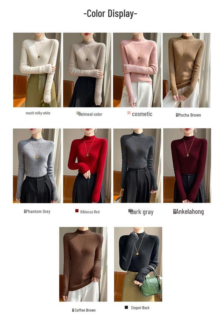Women's Slim Fit Wool Sweater - Half-High Neck, Long Sleeve, Warm Autumn Winter Knit Base Layer