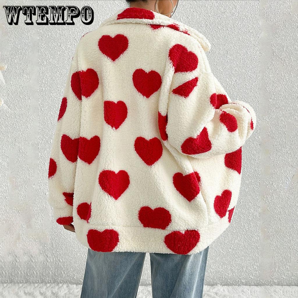 Autumn and Winter Women's Plush Love Printed Loose Long Sleeve Standing Collar Zipper Cardigan Short Jacket