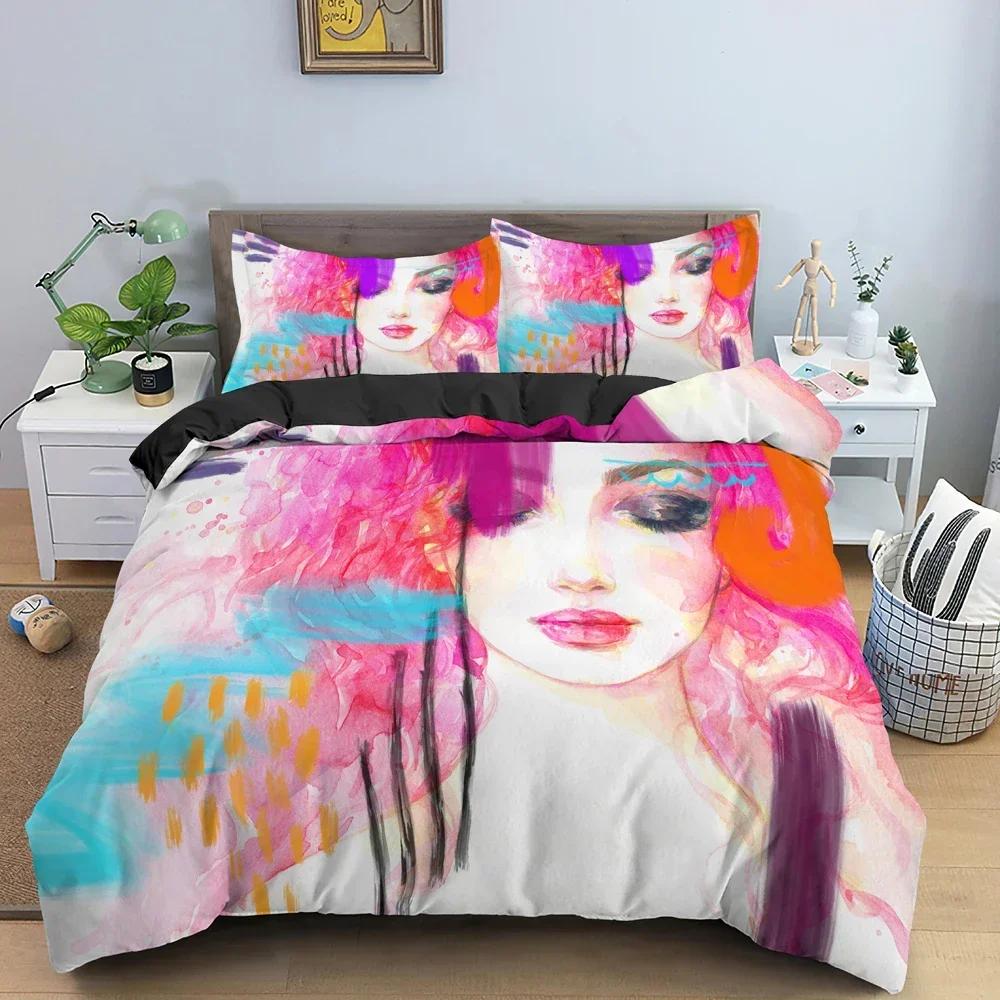Cartoon Girly Watercolor Fashion Girl Comfortable Duvet Cover Pillowcase Bedding Set Children Bedroom Decoration Home Textile