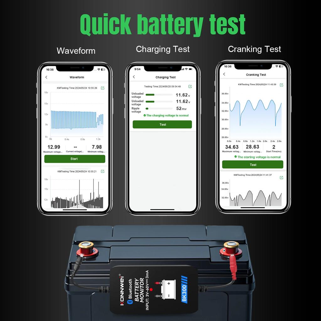 KONNWEI BK300 Lead Acid Starting Car Battery Detector 12V 24V Capacity Resistance Bluetooth 5.2 Automotive Battery Monitor Tool