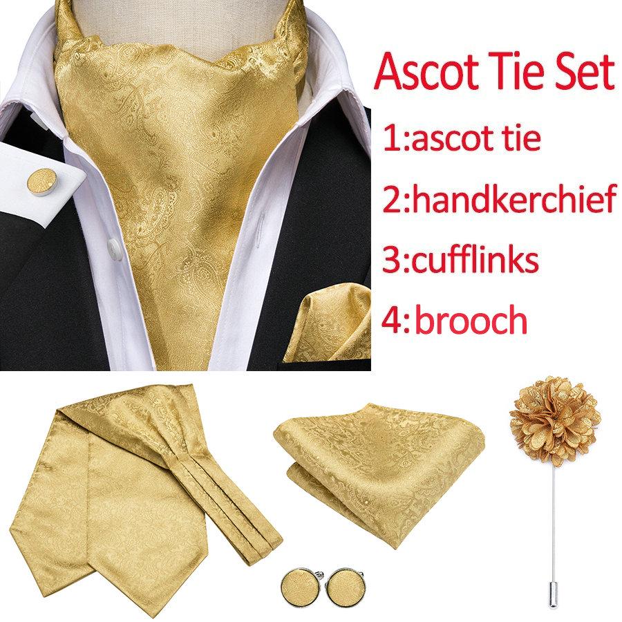 Hi-Tie Золотой свадебный галстук Ascot с нагрудными квадратными запонками, брошь, набор галстуков с узором пейсли для мужчин