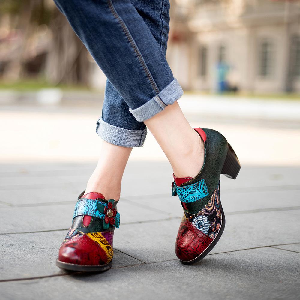 Женская обувь Сандалии из натуральной кожи Модные и элегантные туфли на высоком каблуке с тиснением в стиле ретро и ручной росписью