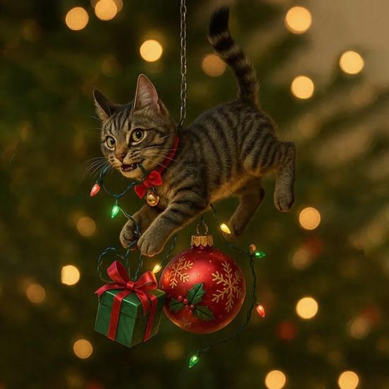 Cat Christmas Ornament Cute Kitten Christmas Ball Ornament 2D Flat Hanging Charm for Car Rearview Mirror