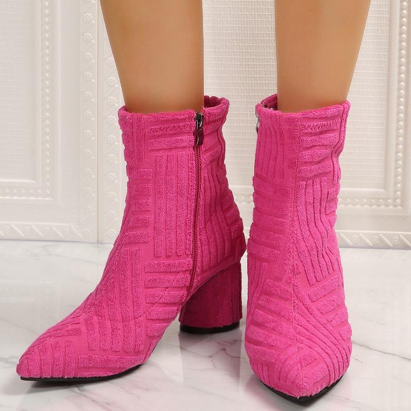 Large size thick heel high heel boots new solid color side zipper pointed short fashion boots