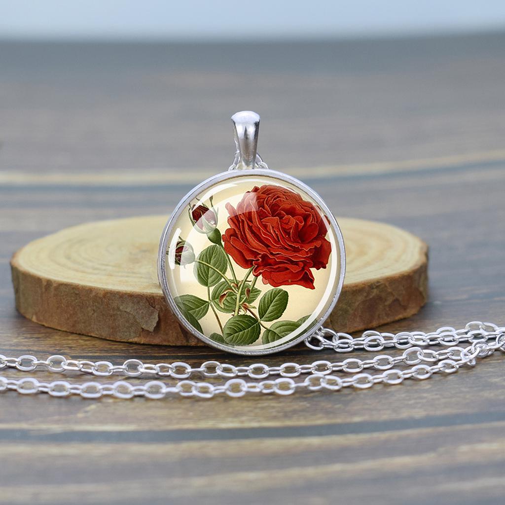 Flower Necklaces Rose Lotus Poppy Cherry Blossoms Sunflower Chains Necklace for Women Glass Cabochon Pendant Jewelry Lover Gift