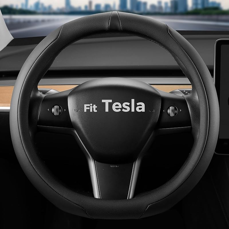 West Llama ized Nappa Leather Car Steering Wheel Cover for 2016-2025 Tesla Model 3/Model Y 2026 Juniper/Highland, Non-Slip Design of Tesla