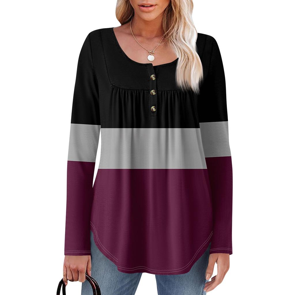 Женская туника с длинным рукавом, свободные топы, повседневные топы оверсайз, плиссированная туника, застегивающаяся на пуговицы, повседневные женские топы с принтом