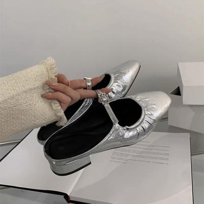 Мягкая кожаная сумка голова полутапочки женские летние для улицы темперамент фея вечерний бриз для поездок на работу серебристые одинарные туфли женские сандалии на толстом каблуке