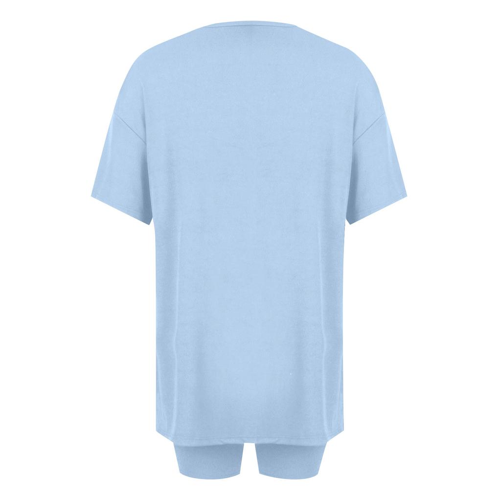 Женский летний комплект из 2 предметов с круглым вырезом и короткими рукавами, с заниженными плечами, топ для больших детей и узкие байкерские шорты для йоги, комплект