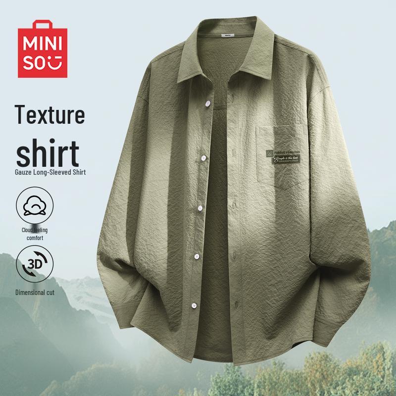 MINISO Men's Relaxed Fit Long Sleeve Retro Shirt