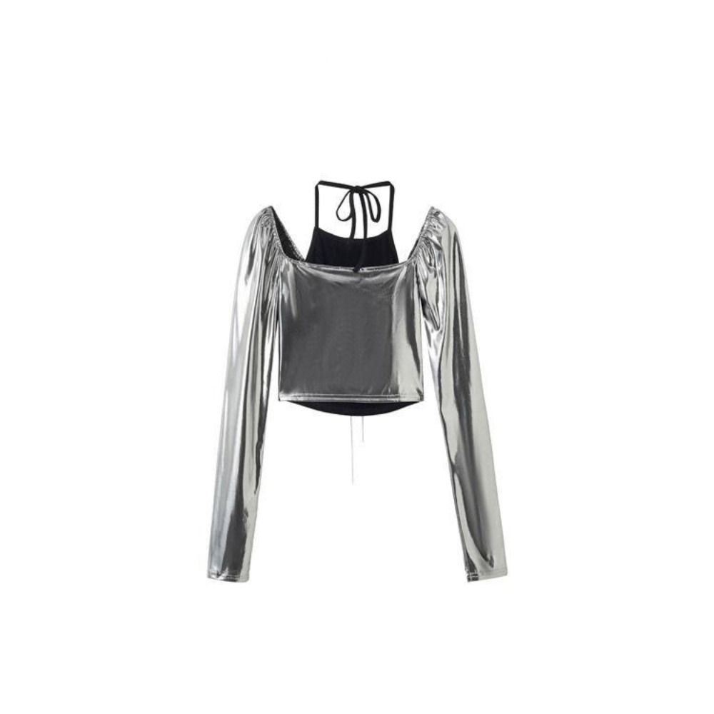Pullover Y2K Slim Crop Tops Glossy Fake Two-pieces Shirts Sweet Long Sleeve T Shirt  Autumn