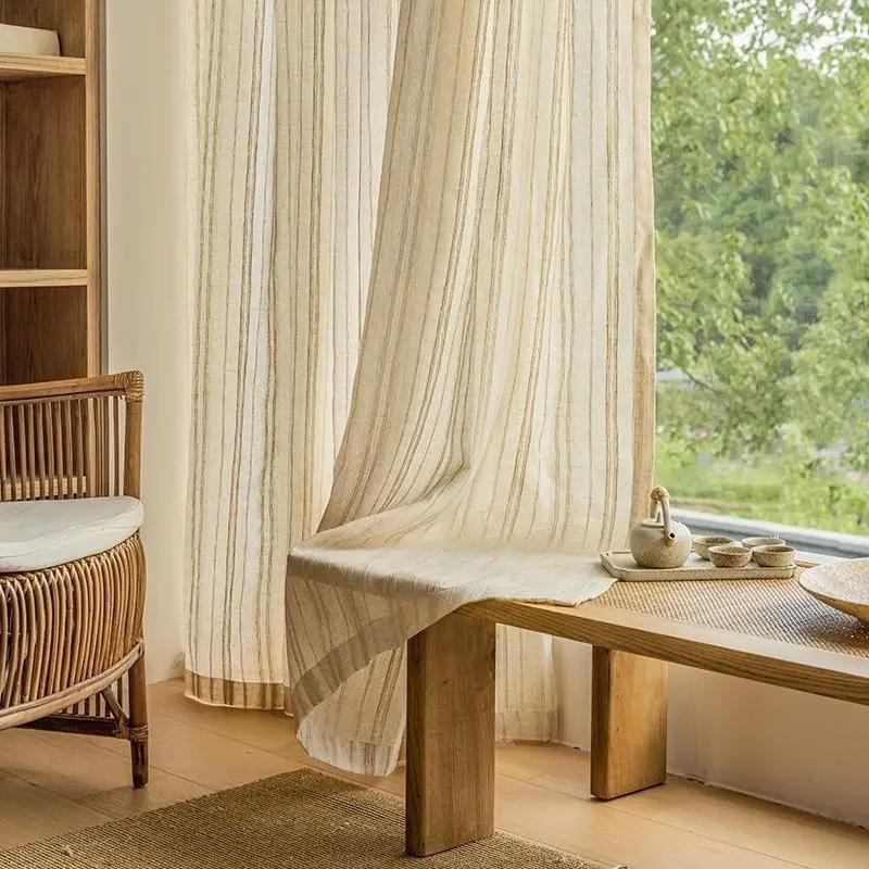 Japanese Retro Beige Cotton Linen Stripe Design, Curtains For Living Room, Window Screen Bedroom Translucent Tulle Drapes