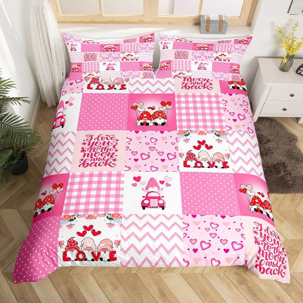 День святого Валентина King Пододеяльник Романтический комплект постельного белья Kawaii Парочка Гном Одеяло Чехол Розовые розы Сердца Полиэстер Одеяло Чехол
