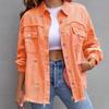 Autumn Winter Women's Denim Jacket Fashion Grinding Edge Broken Hole Hollow Long Sleeve Single Breasted Casual Collar Top