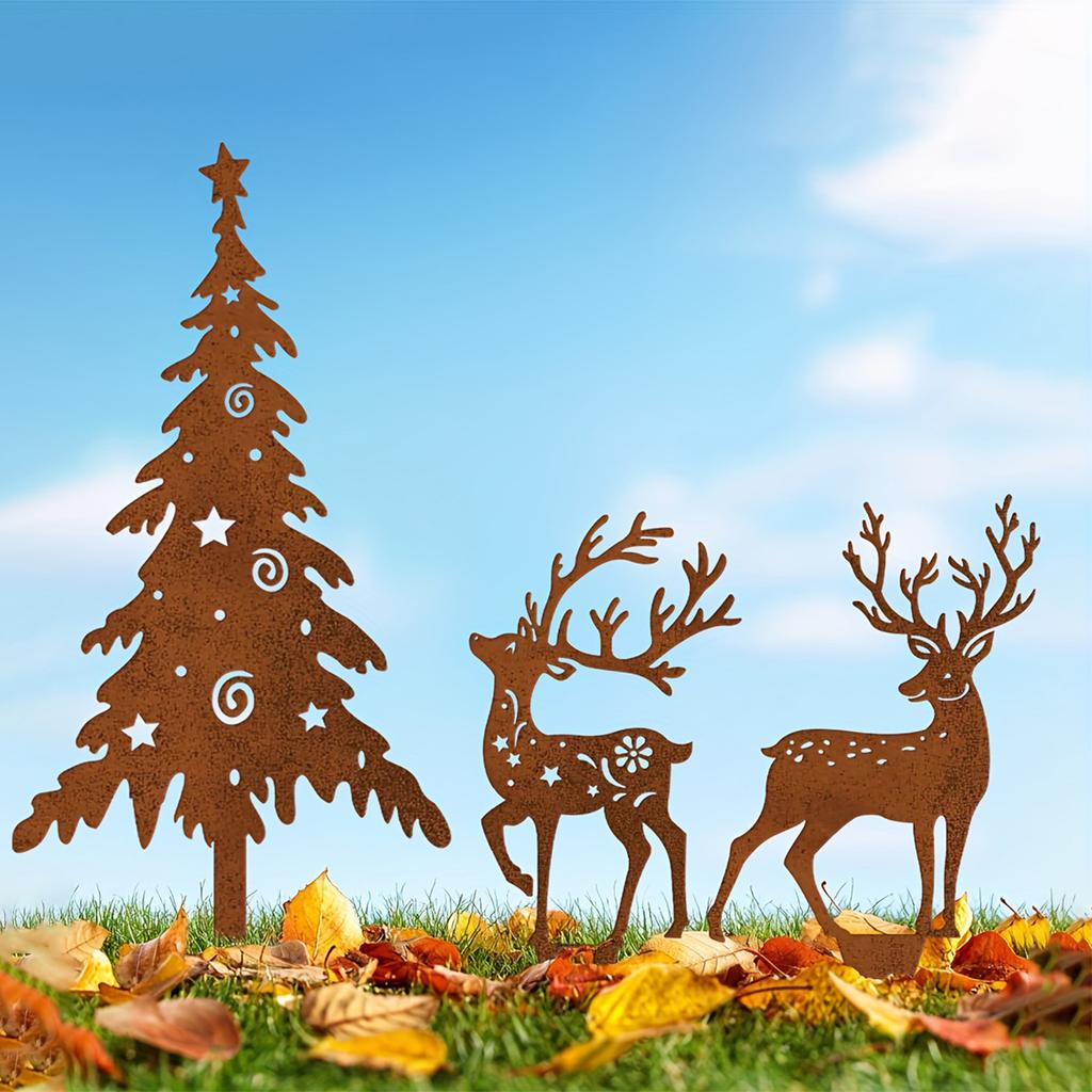 3-Piece Wrought Iron Christmas Tree and Deer Garden Decoration Stakes, Christmas Garden Decoration, Outdoor Courtyard Christmas Dec
