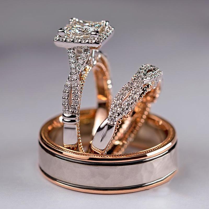 Трехэлементный набор колец Rose Gold с бриллиантами, цирконием, полностью бриллиантовый, женское парное кольцо, мужское кольцо