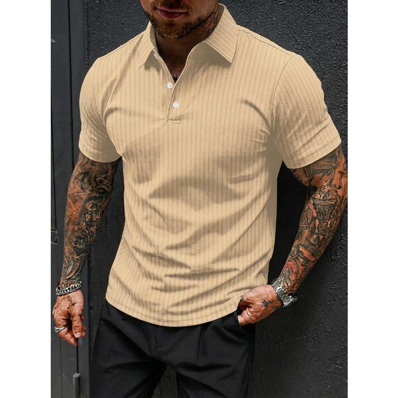 Men Summer Casual Sports Breathable Elastic Vertical Stripe Short Sleeve Polo Shirt