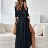 GMXIA V-Neck Hem Split Dress Strapless Sleeve Sexy Halter Dresses