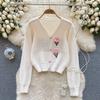 Spring Autumn Women V-neck Full Sleeve 3D Flower Knitted Sweater Cardigans Home Tops