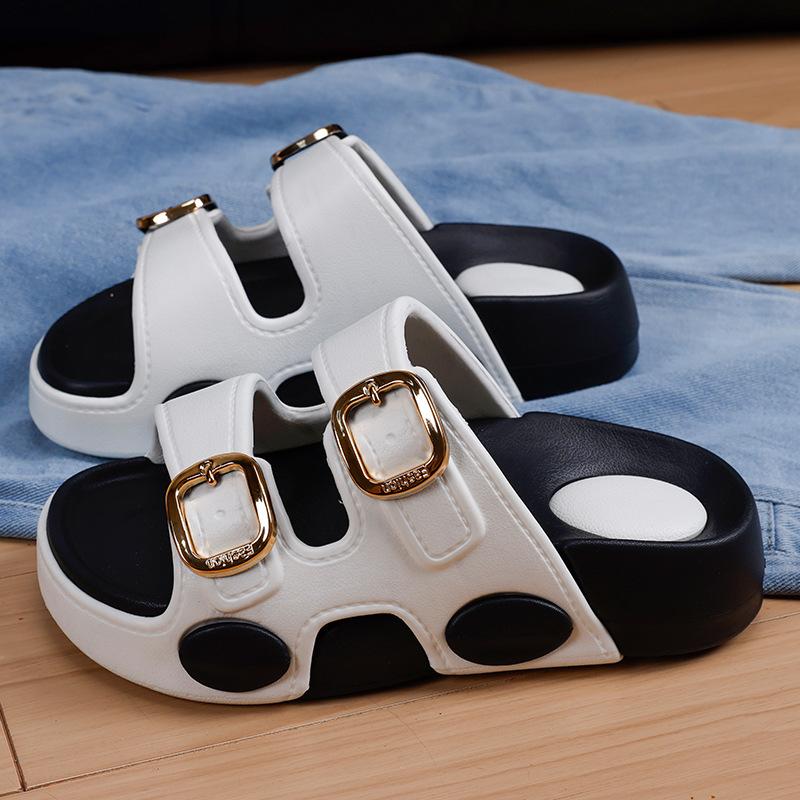 New Two-tone Double Buckle Strap Women Slides Non-slip Thick EVA Platform Casual Indoor Outdoor Slippers