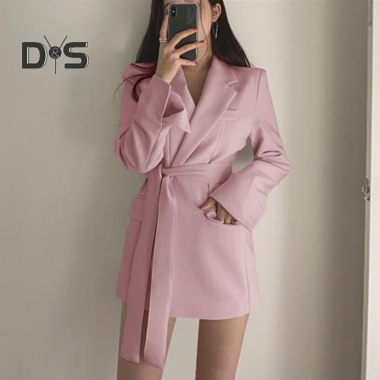 Весна Осень Костюм Пальто Длинный Рукав Шнуровка Ремень Талия Костюм Пиджак Однотонный Цвет Карманы Клапаны Средняя Длина Деловая Верхняя Одежда