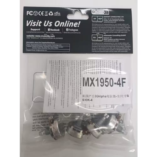 Alpha Potentiometer, 24, 500K, B-Curve, Metric Size, for Electric Guitar/Bass (Pack of 4)