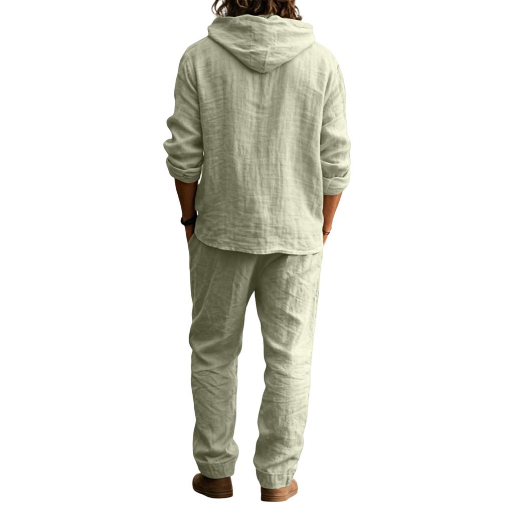 Мужской повседневный льняной комплект, Рубашка на пуговицах, Брюки с эластичным поясом и кулиской, Свободные, Удобный комплект из двух предметов