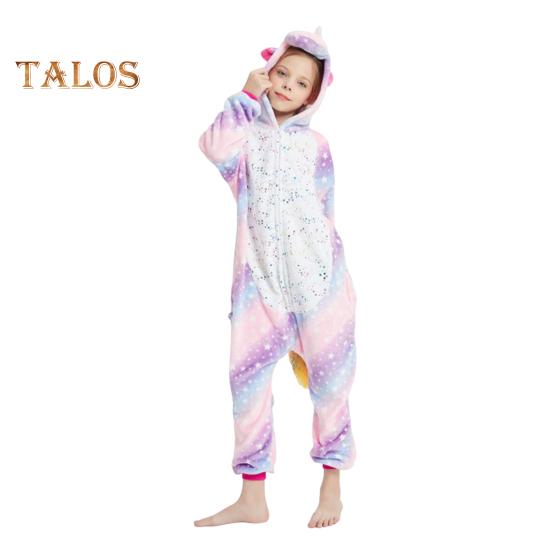 Flannel Lounge Jumpsuit with Exclusive Animal Hat Bright Colored Pajamas Long Sleeve Starry Pattern Cartoon Style Lounge Kids Daily Wear