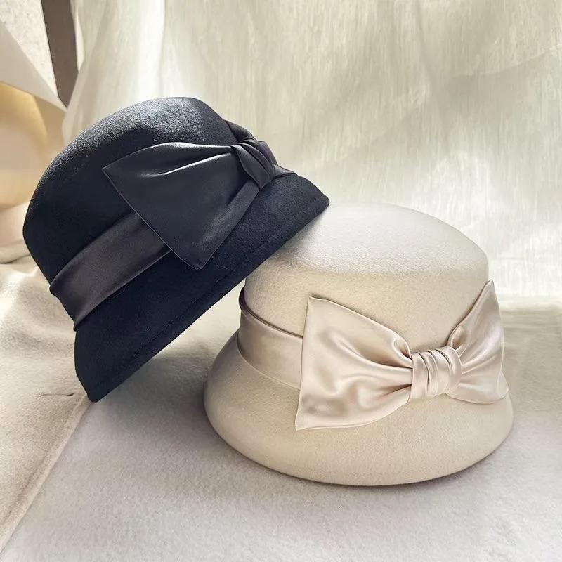 202308-2508937 Japan Ins Dropshipping Winter Wool Felt Hepburn Grace Bowknot Ribbon Lady Bucket Cap Women Leisure Fishermen Hat