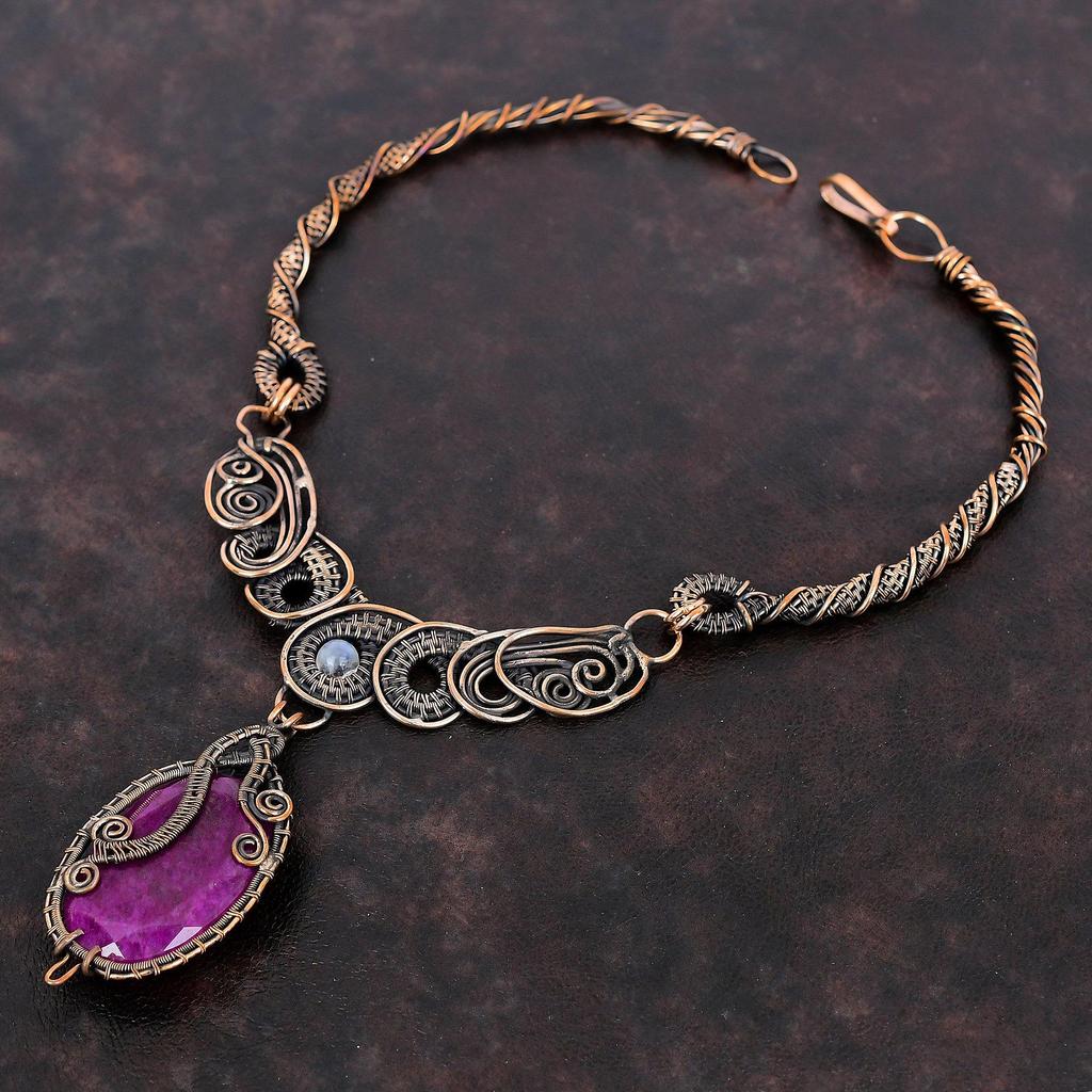 Ожерелье из граненого кашмирского рубина, обернутое медной проволокой, радужное ожерелье из лунного камня, ручная работа, медные украшения, ожерелье из настоящего драгоценного камня, подарок для матери