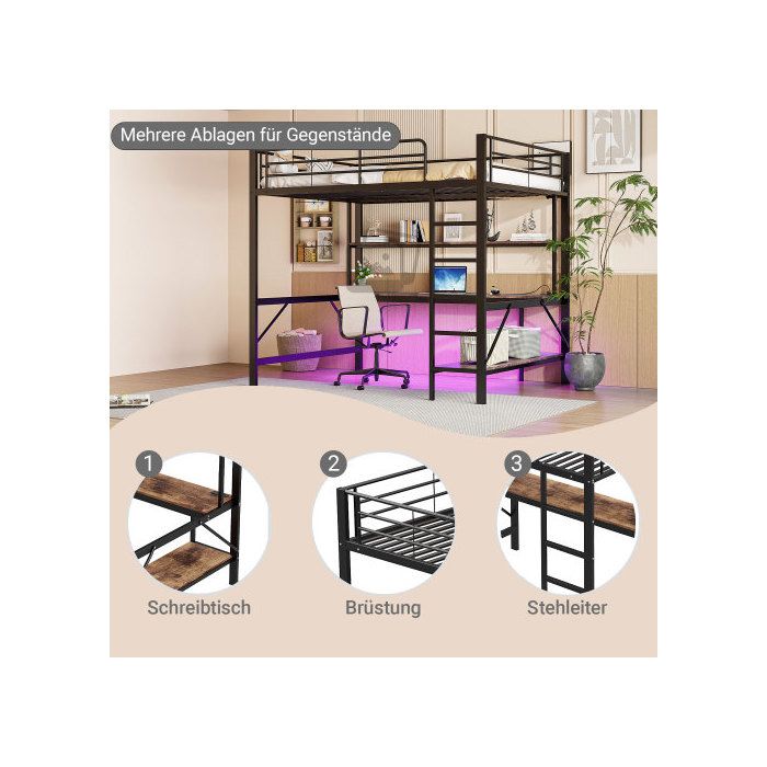 Lit mezzanine - MUVOE - 140x200 cm - Noir - Prises USB et électrique - Éclairage 7 couleurs