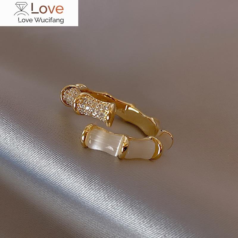 Настоящее золотое покрытие, корейский новый дизайн, модные украшения, роскошное бамбуковое кольцо с цирконом и опалом, элегантное женское повседневное рабочее открытое кольцо, аксессуары