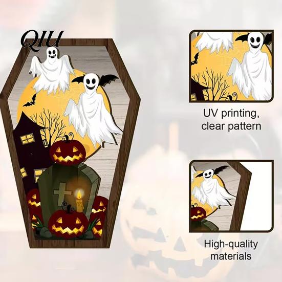 Halloween Entrance Sign Wooden Tombstone Shaped Table Block Spooky Ghost Pumpkin Durable Decor Bat Castles Tiered Tray Centerpiece for Party