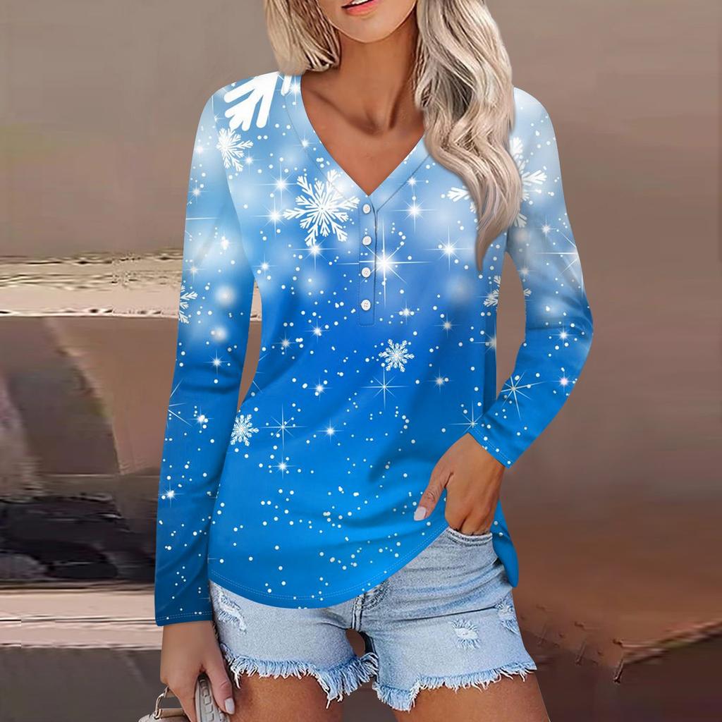Women's Casual Fashion Sexy Comfort Christmas Printed V-Neck Button Long Sleeve