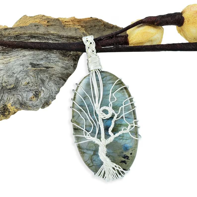 Сертифицированный натуральный лабрадоритовый кулон из серебряной проволоки 925 пробы с деревом