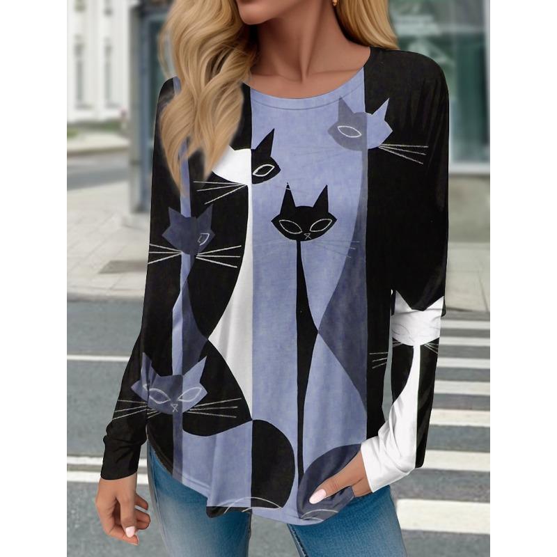 Women's T Shirts 3D Print Art Design Cat Pattern Long Sleeve Daily Weekend Fashion Funny Round Neck Regular Fit Spring Fall
