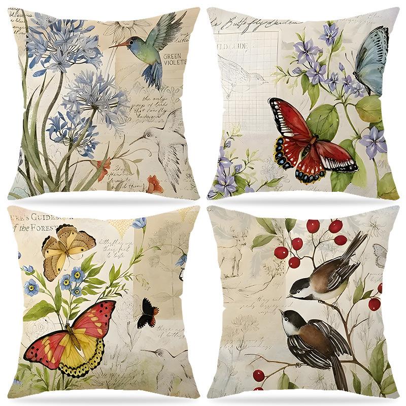 New Spring Flower Bird Pillow Temu Flower and Bird Series Printed Pillow Case Linen Cushion Cover Living Room