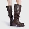 Осень Зима Лакированная Кожа Панк Готика Платформа Женские Сапоги до Колена Модные Ботильоны Мотоциклетные Ботинки с Кнопками-Заклепками на Каблуке