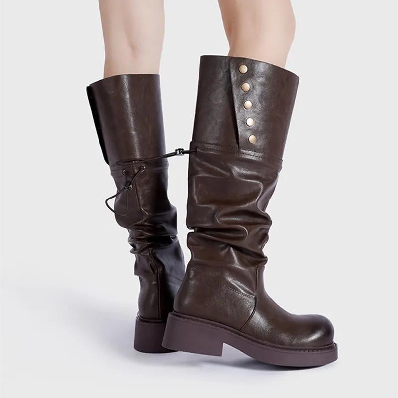 Осень Зима Лакированная Кожа Панк Готика Платформа Женские Сапоги до Колена Модные Ботильоны Мотоциклетные Ботинки с Кнопками-Заклепками на Каблуке