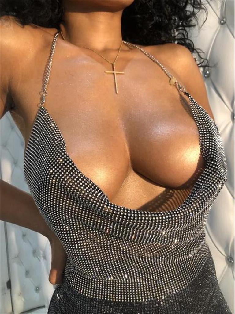 Европейская и американская мода Стразы Цепочка Бретелька Глубокий V-образный вырез Открытая спина Кроп-топ