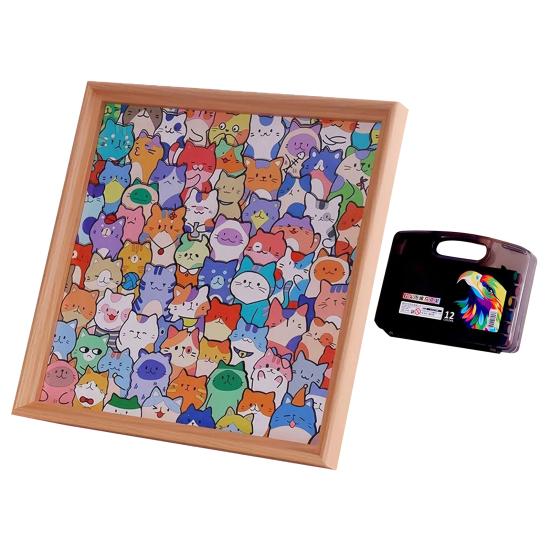 Cartoon Cat Wooden Coloring Puzzle Kit with Photo Frame Marker Pens DIY Hand-Painted Irregular Jigsaw Puzzle Toy Decoration Ornament