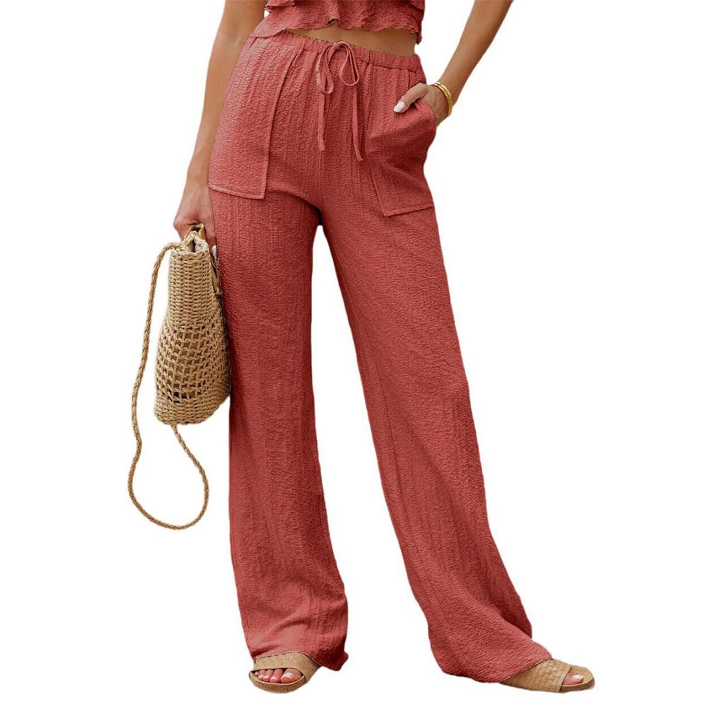 Женские модные однотонные повседневные брюки с высокой талией и эластичным поясом на карманах