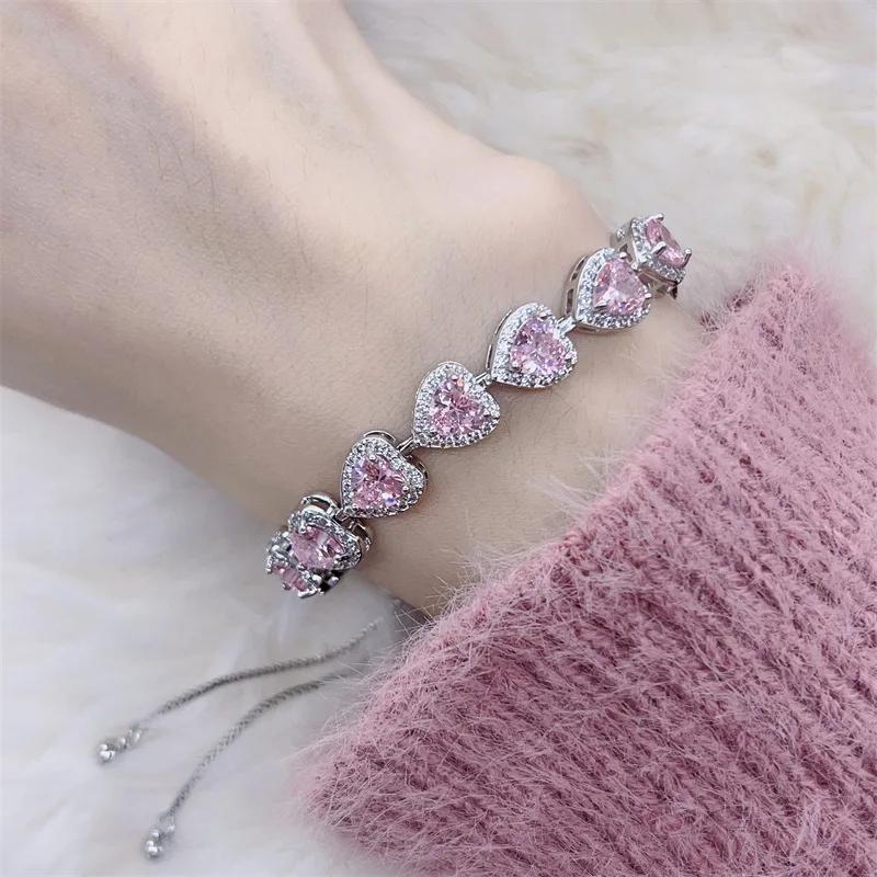 Fashion White Pink Heart Women Silver Bracelets Bangles for Girl Shinny Cut CZ Bridal Adjustable Bracelet Party Jewelry