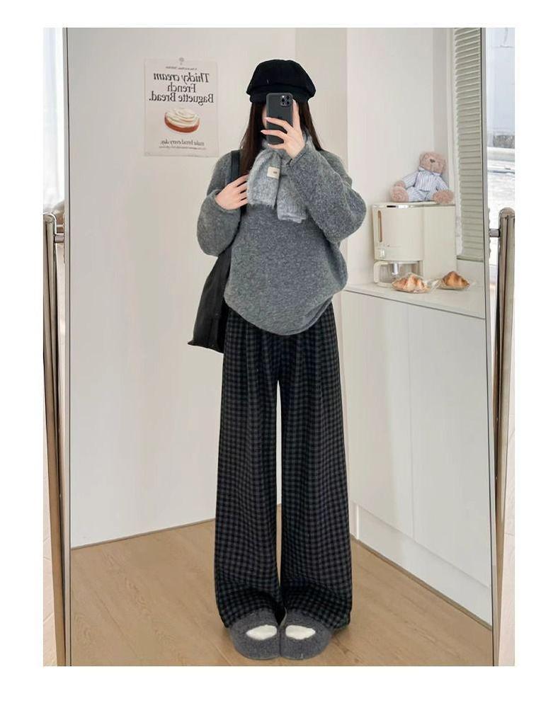 High-Waisted Retro Plaid Wool Pants, Plus Velvet, Women's Autumn/Winter 2024, Black/Gray, Wide-Leg, Straight-Leg, Slimming Fit.