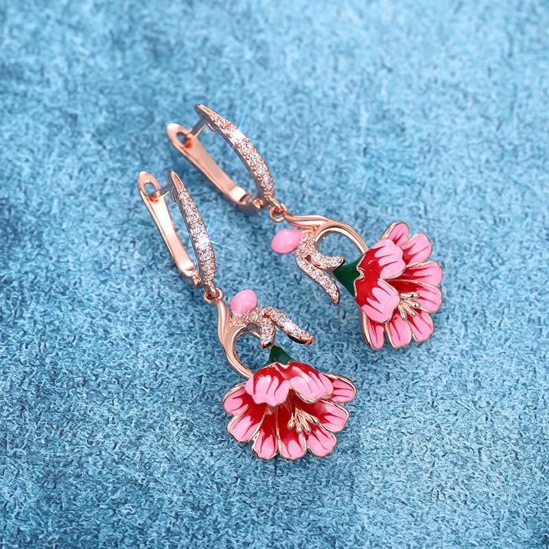 Серьги Huitan Pink Flower для женщин, эмалевые серьги ручной работы, роскошные помолвочные свадебные аксессуары, подарочные модные украшения