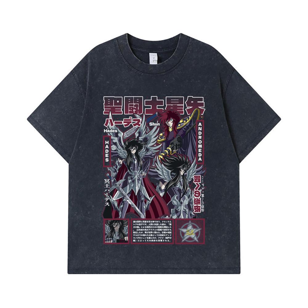 Стиранные футболки 275 г/м² 100% Хлопок Saint Seiya V4 Принт Аида Унисекс Тяжелая Хлопковая Футболка