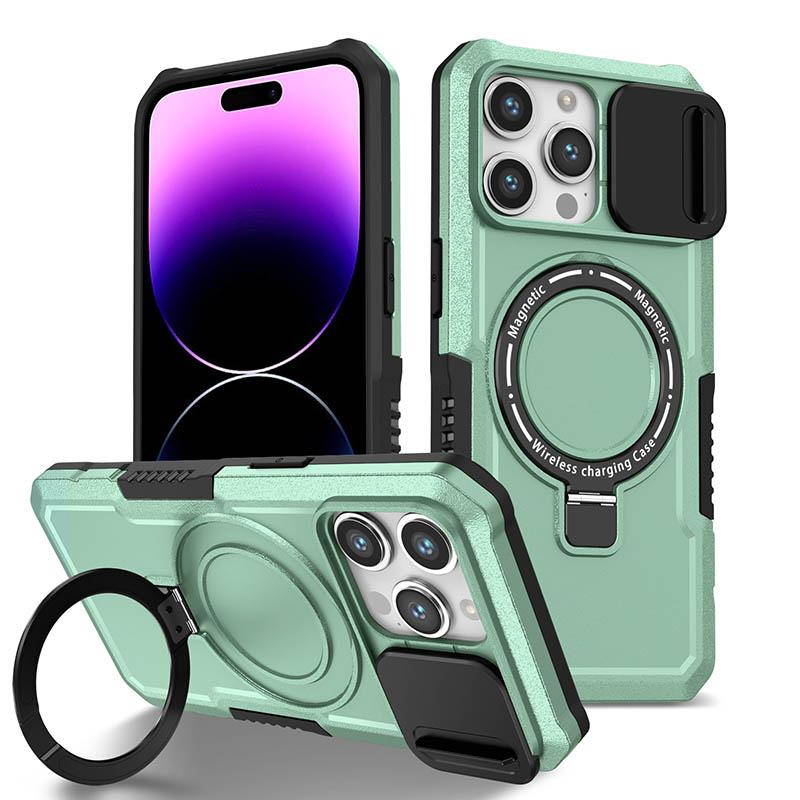 Armor Stand Holder Full Slide Cap Phone Case For IPhone 15 14 13 12 11 Pro Max Plus Magsafe Wireless Charge Magnetic Cover